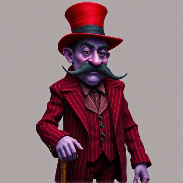 A dreamy elder man figure with purple skin, a dark squiggly mustache, long pointy skinny nose, and a striped red velvet suit with a cane and a a top hat to match his suit and he’s tall and skinny. Pointy red dress boots