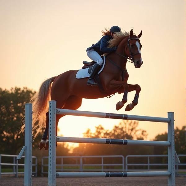 professional rider jumping chestnut horse with a blonde mane and tail over a 80cm tall jump
