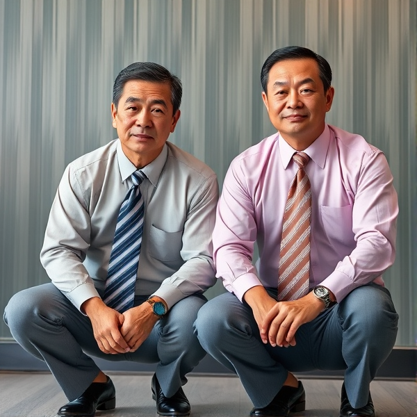 2 businessmen viril  japonais d'âge mûr accroupis  avec une cravate à larges rayures large et chemise rose