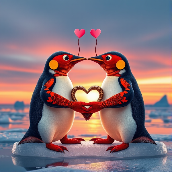 Two anthropomorphic penguin lobsters, each with the intricate detailing of a lobster's exoskeleton combined with the charming characteristics of a penguin, such as flippers and a white belly, gazing into each other's eyes with hearts above their heads to signify love. They are holding claws within a heart-shaped ice frame, surrounded by a romantic sunset backdrop at the edge of an icy sea, soft glimmers of light reflecting off the water's surface. Small icebergs float in the distance under the pastel-colored sky.