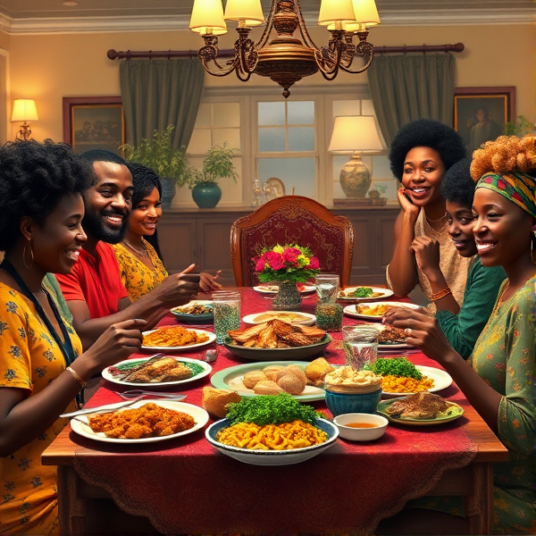 A lively African American big family gathering around a richly adorned dinner table, sharing a traditional soul food meal with dishes such as fried chicken, collard greens, macaroni and cheese, cornbread, and sweet potato pie, all set in a warm and inviting dining room filled with laughter and storytelling