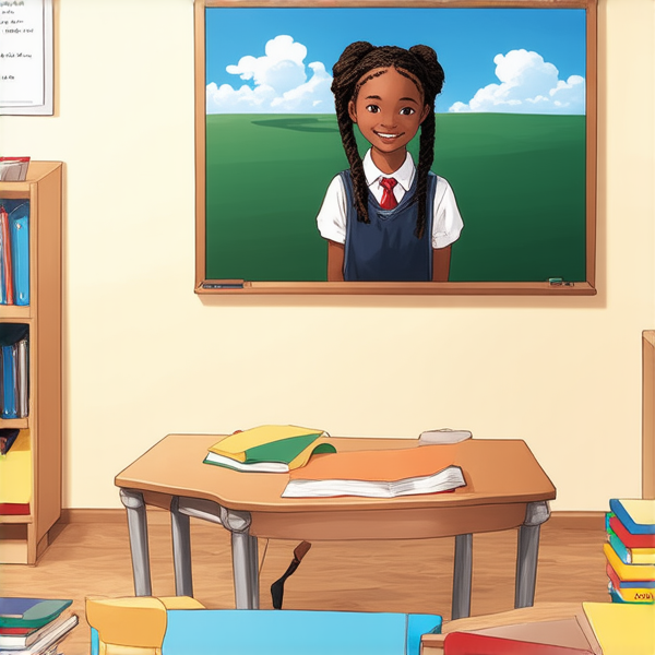 jeune fille noire de 10 ans, vêtue d'un uniforme scolaire des tresses africaines, debout souriante et concentrée devant un tableau noir rempli de regles d'orthographe en français  dans une salle de classe ensoleillée et colorée avec des bureaux en bois et des affiches éducatives sur les murs