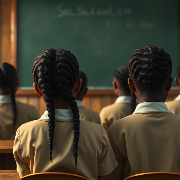 des écolières noires avec des tresses africaine et garçons assis dans une classe face au tableau