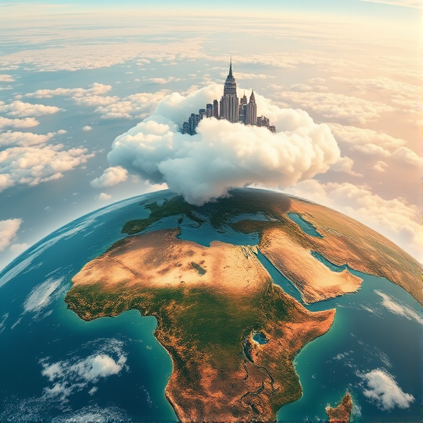 Land on Earth with a cloud-like city floating above