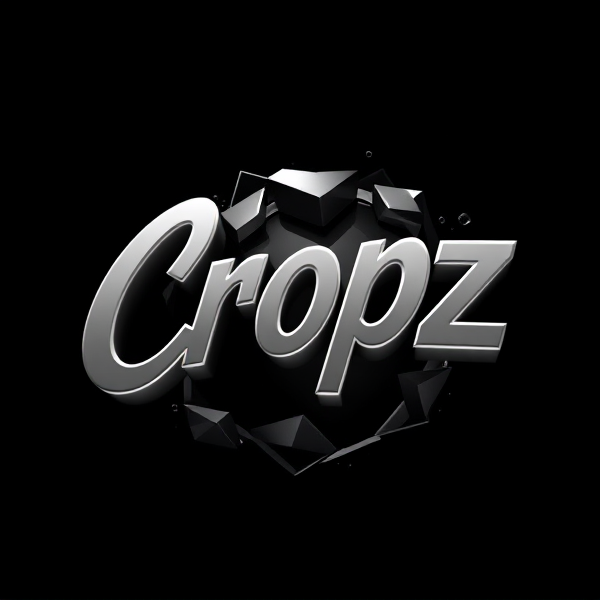 A highly detailed, high-contrast black and white 3D logo featuring the stylish, sans-serif, bold font word "Cropz" jumping out of a dark background, model's curved, futuristic edges and smooth, metallic surfaces, evoking a sense of excitement and dynamism, rendered in a vivid, vibrant, high-gradation style reminiscent of Pixar animation, with crisp, sharp lines and geometric shapes, created using the powerful tools of Unreal Engine, Octane Engine, and V-Ray, with an overall aesthetic that is exaggerated, surreal, and eye-catching, taking inspiration from sci-fi and futuristic design.