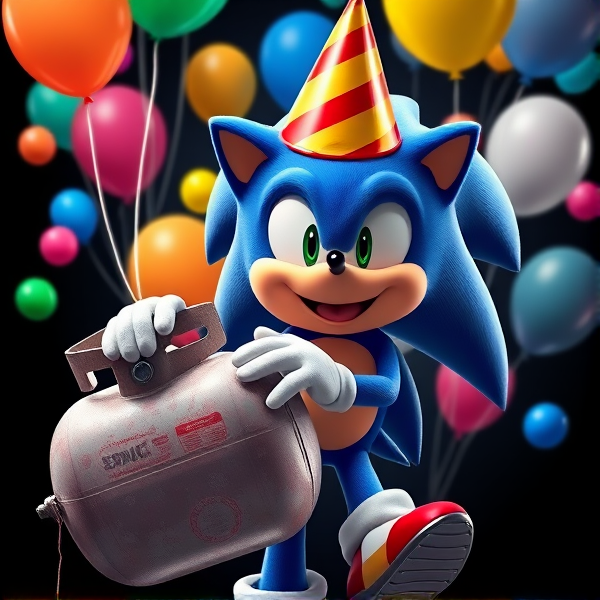 Sonic the Hedgehog donning a festive party hat, cheerfully holding a large helium tank equipped with a nozzle. He's he tied onto helium gas cylinder tank of multi-colored balloons floating around him, some playfully tethered to his quills, all while he sports a mischievous grin on his face