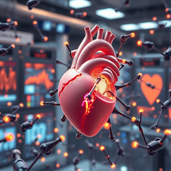 A swarm of nanobots collaboratively constructing a human heart, symbolizing hope in regenerative medicine, with each nanobot emitting a soft glow like tiny fireflies at dusk. The background is a futuristic lab environment with transparent displays showing heart vitals and molecular structures. The scene is rendered in photorealistic style, emphasizing the intricate details of the nanobots and the partially constructed organic tissue. Warm lighting highlights the sense of progress and optimism. The camera angle is from slightly above the working nanobots, capturing their collective effort as they build the heart from the nano-level up