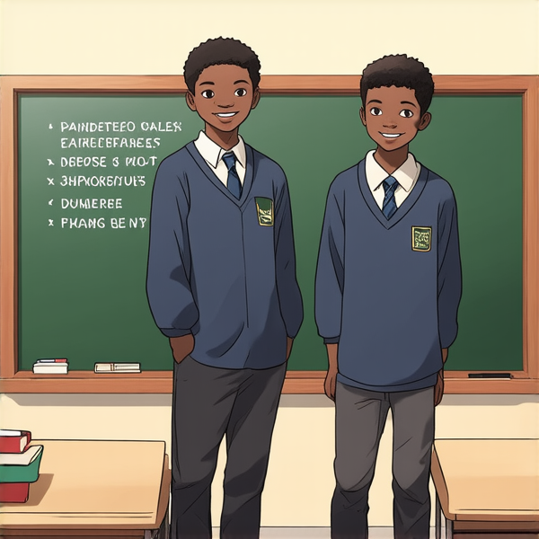 deux garçons noirs de 14 ans, vêtue d'uniforme scolaire , debout souriante et concentrée devant un tableau noir rempli de regles d'orthographe en français  dans une salle de classe ensoleillée et colorée avec des bureaux en bois et des affiches éducatives sur les murs