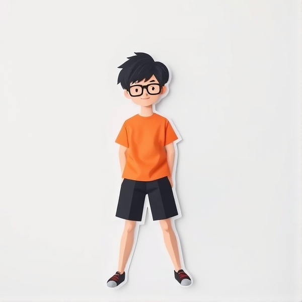 Un garçon de 17 ans avec les cheveux mi-long noir habillé en orange avec un short noir et des lunettes noir