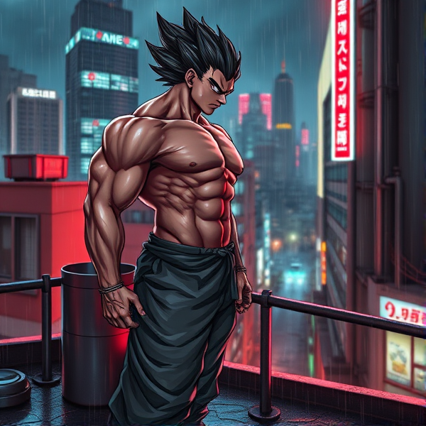 Shallot, saiyan muscle, nipples, pants,