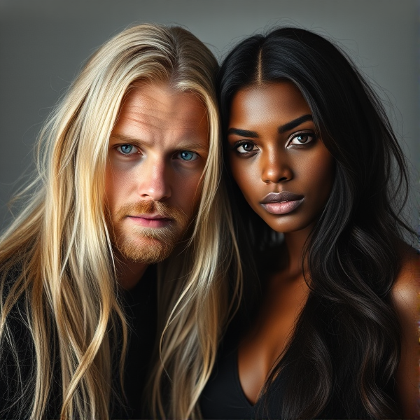 Long blonde haired Swedish man and Italian black Haired woman models no makeup