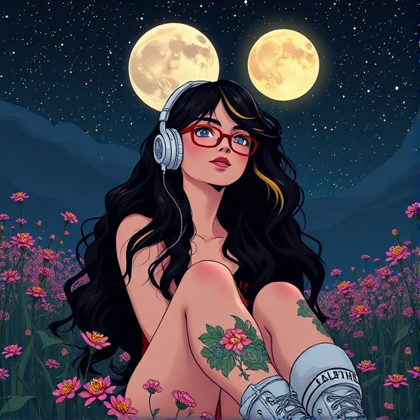 Nonbinary feminine long hair wavy black hair with  chunky blond highlight , posing under a full moon looking at the stars in a field of flowers. Head phones, styled like it’s the early 2000s. Looks like a stoned that does tarot and poetry.  Alt aesthetic. Italian olive town skin.. converse. Tattoos on legs.. red glasses. 90s anime art style. Grunge stoner