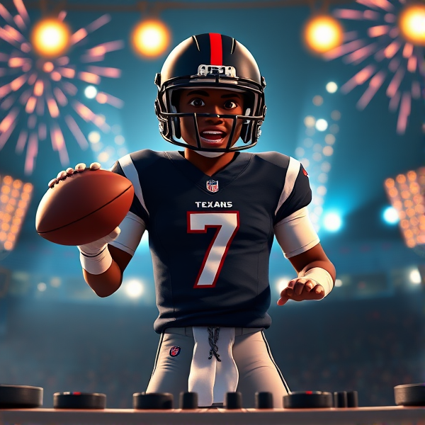 Animated black quarterback wearing number 7 jersey for Houston texans holding a football and DJing. Pyrotechnics and lights in background