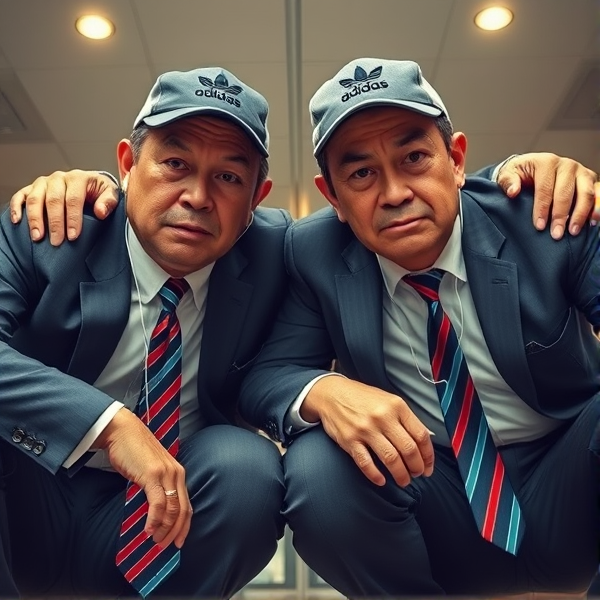 Deux  différents hommes d'affaires japonais puissants mature  accroupis et faché  portant des casquettes Adidas  et des cravates rayées longues  bleue rouge et oreillettes Apple 
Ils sont complices et conquérants , ils dominent 
 , accroupis pas trop et regard fort

Ils sont hypnotisant du regard , amis, complice , envoûtant , charismatique 
Ils se tiennent par les épaules , il fixent l objectif de la caméra

Vue contreplongée