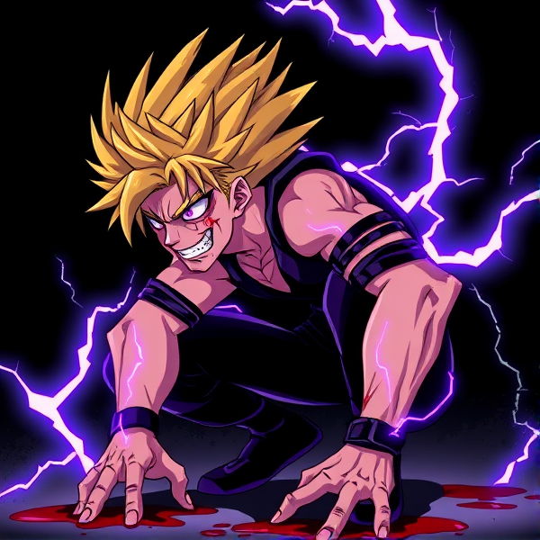 My hero academia anime cartoon style original character with vibrant blonde spikey and jagged hair exuding an aura of malevolence. Embodies the essence of evil as a villain at the young age of 15. Male with a menacing purple electric quirk, visualized by crackling energy surrounding his body. Donning a signature villain costume that's sleeveless to showcase his battle-worn scars adorning his arms, which are accentuated by straps wrapped tightly around each bicep. His eyes, a piercing shade of purple, glare with malevolent intent. The costume is tight-fitting to highlight his lean and muscular physique. Captured in a dynamic side view, he is crouched down low to the ground, knees bent and one hand touching the floor as if ready to pounce. His expression twists into a very evil sneer as he locks eyes intently on someone out of frame. To complete this menacing image, he is drenched in blood that seems fresh from a recent conflict, adding an element of horror and intensity to his villainous persona and looking up.