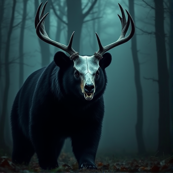 Ours noir majestueux debout dans une forêt brumeuse avec un crâne de cerf orné de ramures sur la tête, des yeux brillant d'un éclat mystérieux, ambiance gothique et surréaliste