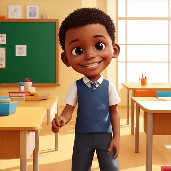 deux garçons noirs de 14 ans, vêtue d'uniforme scolaire , debout souriante et concentrée devant un tableau noir rempli de regles d'orthographe en français  dans une salle de classe ensoleillée et colorée avec des bureaux en bois et des affiches éducatives sur les murs