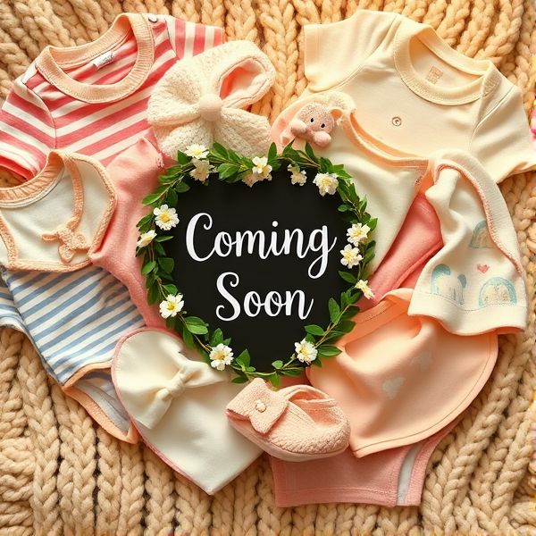 A close-up of an assortment of baby clothing including onesies, bibs, and booties neatly arranged in a heart shape on a soft woolen blanket. The colors are soft pastels, with playful patterns such as stripes and polka dots. Each item is adorned with gender-neutral designs like animals, rainbows, and clouds. In the center of the heart shape, a small chalkboard sign surrounded by a garland of greenery and white flowers reads "Coming Soon" in elegant yet whimsical handwritten script. The background is warm and softly lit to enhance the cozy and welcoming atmosphere of the announcement