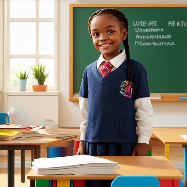 jeune fille noire de 10 ans, vêtue d'un uniforme scolaire des tresses africaines, debout souriante et concentrée devant un tableau noir rempli de regles d'orthographe en français  dans une salle de classe ensoleillée et colorée avec des bureaux en bois et des affiches éducatives sur les murs
