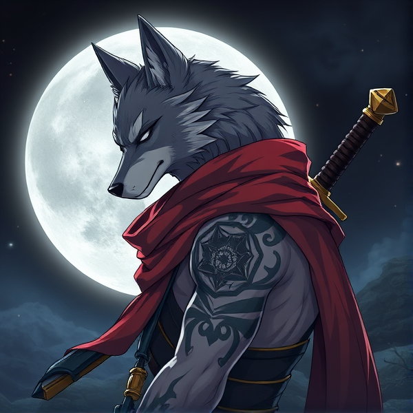 Loup roublard maitre de la lune avec un écharpe rouge autours du cou et avec deux épées dans le dos et un tatoo de Lego sur le bras