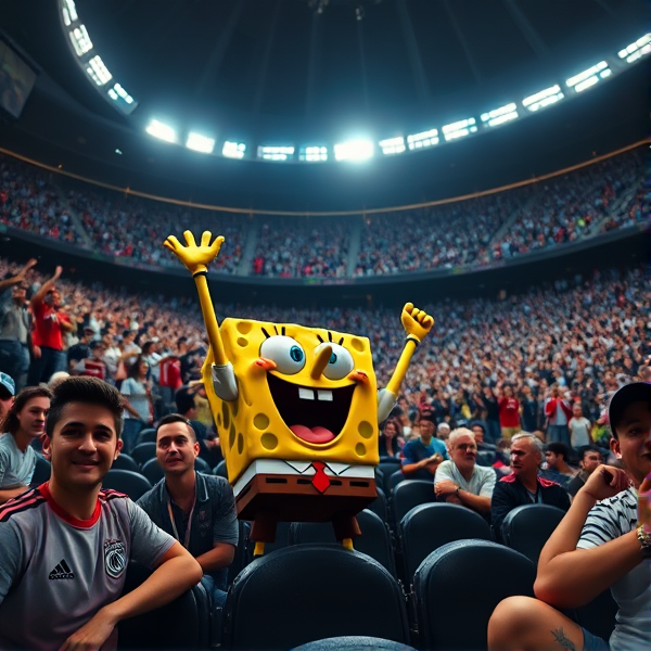 SpongeBob SquarePants enthusiastically cheering in the midst of a packed stadium during a Real Madrid match, depicted seated with animated fans all around, everyone focused on the thrilling football game