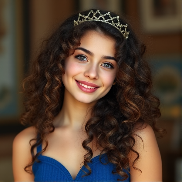21 year old girl, Princess, dark brown curly hair,