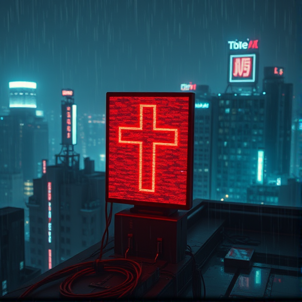 Red colored, Glitched out screen, with a cross on it