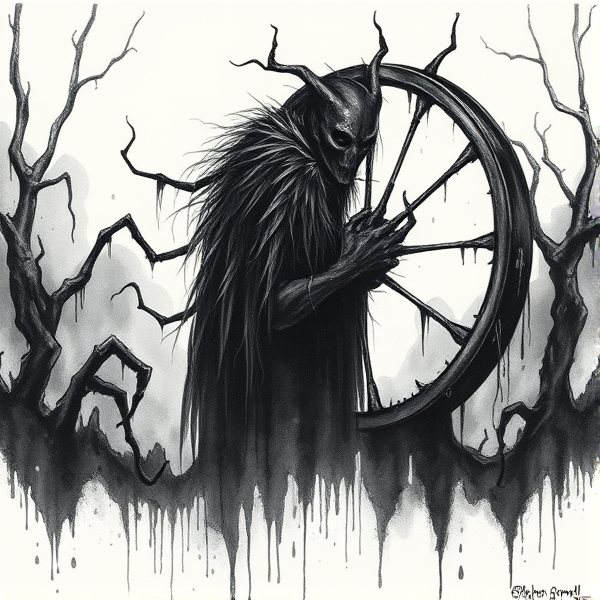 A character named the warlock wheel in black noir style