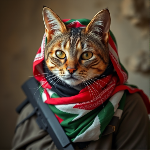 Female Palestinian freedom fighter cat, keffiyeh