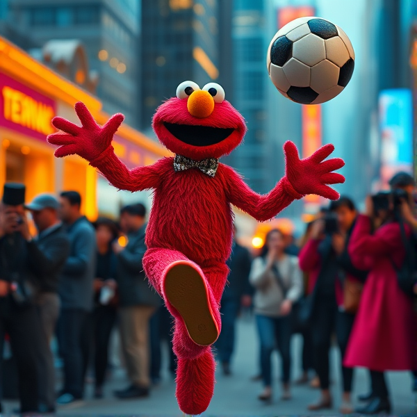 Elmo juggling a soccer ball with people taking photos