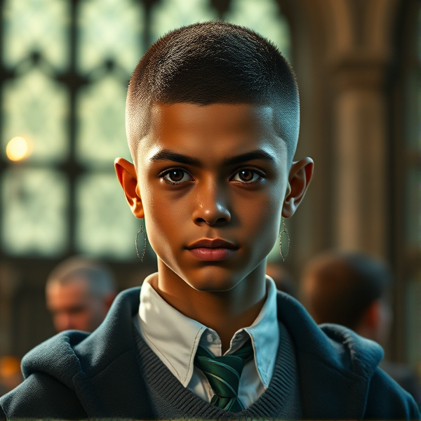 Un garçon de poudlard a serpentard plutôt hautain grand,qui a la buzz cut vraiment très courte. il a la peau marron des yeux marrons en amendes il a des lèvres pulpeuses et de hautes pommettes.