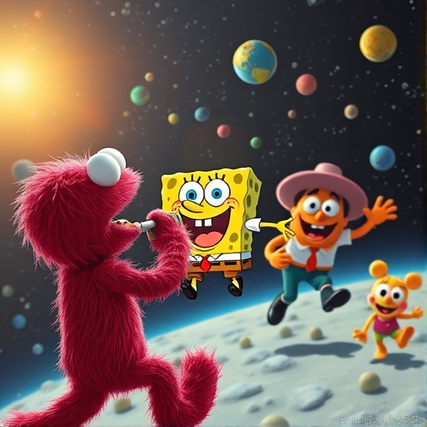 elmo shooting spongebob in the chest and his family behind him in space