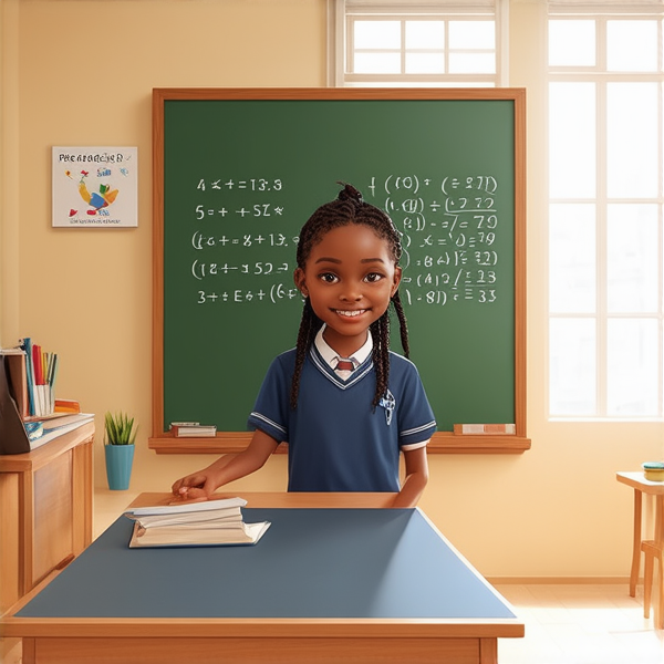 jeune fille noire de 10 ans, vêtue d'un uniforme scolaire des tresses africaines, debout souriante et concentrée devant un tableau noir rempli de calcul mathématique dans une salle de classe ensoleillée et colorée avec des bureaux en bois et des affiches éducatives sur les murs