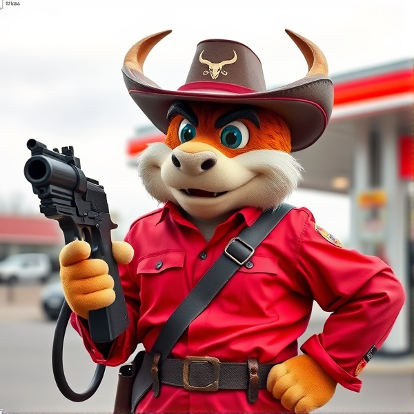 Buc’ees gas station mascot holding a Gun