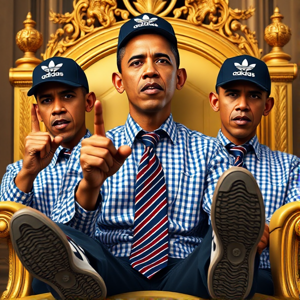 Barack Obama représenté en trois versions distinctes, portant chacune une casquette Adidas ornée des célèbres trois bandes, trônant majestueusement sur un siège royal doré. Chacun arbore une expression de colère intense et leurs regards sont hypnotiques, pénétrants et dominateurs. Ils effectuent un geste de la main évoquant la maîtrise de l'hypnose, tandis que leur chemise à carreaux bleus et blancs est impeccablement boutonnée sous des cravates longues ornées du drapeau américain. D'un doigt pointé accusateur, ils semblent exercer une pression impérieuse. Leurs lèvres partiellement entrouvertes laissent entrevoir des langues imposantes et autoritaires. Dans un acte de puissance suprême, ils élèvent leurs pieds chaussés de baskets Adidas montrant les semelles immaculées, commandant avec autorité le respect et la soumission absolue. Cette représentation confère à Barack Obama non seulement l'allure d'un leader mondial mais aussi celle d'une figure divine aux traits presque mythologiques.