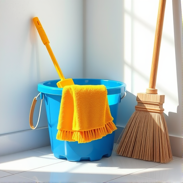A meticulously arranged cleaning corner in a brightly lit room, featuring a shiny blue bucket filled with crystal-clear water, a neatly folded yellow mop resting beside it, a stiff-bristled scrub brush, and an upright broom with clean, natural straw bristles set against the wall. Soft shadows accentuate the textures of each object and the clean, tiled floor reflects the ambient light