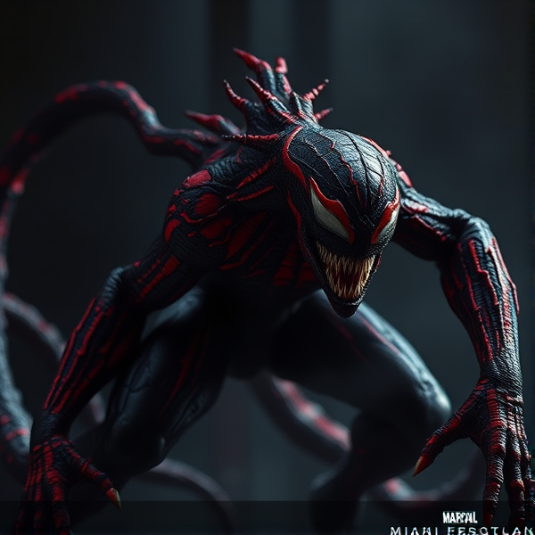 Concevoir une représentation artistique d'un symbiote dynamique, où les nuances de noir et rouge dominent. Le corps de la créature arbore des motifs complexes et détaillés rappelant une texture vivante et organique, tels des veines ou des muscles en relief. La scène doit être enveloppée dans une atmosphère sombre et chargée d'intensité, qui reflète la dualité intrinsèque du personnage, à la fois menaçante et captivante. Les jeux de lumière devront accentuer les aspects dramatiques du symbiote, sans pour autant éclairer excessivement l'image.