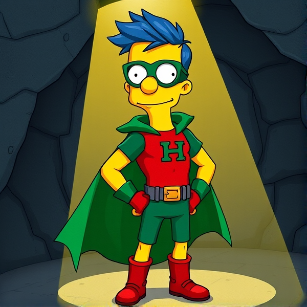 Milhouse Van Houten from The Simpsons, with his yellow skin, really big round nose, and blue hair that's slicked back and curled up at the top, but as a tall, 18-year old teenager, dressed as a parody of Robin, The Boy Wonder, with an extremely muscular torso and arms, a dark green bodysuit with a red torso adorned with a green H symbol on his chest, a grey utility belt, red boots, red long-cuffed gloves, a big, heel-length long, ultra-wide green cape, and a green eye mask with optical lenses in it, now known as Houseboy, The Nerd Wonder, the other half of Springfield's Dynamic Duo, and one of the greatest vigilante superheroes ever known in Springfield. He is currently standing in his secret high-tech underground lair, ready for action.