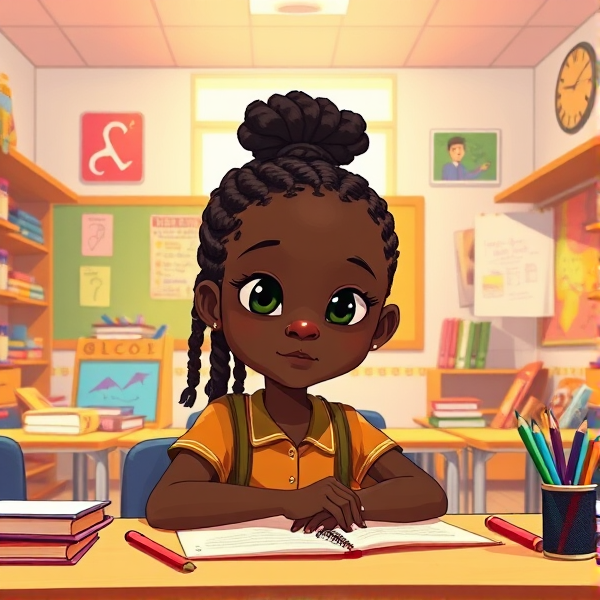 A young African girl, approximately 8 years old, with intricate braided hair, sitting attentively at her desk in a brightly lit classroom setting, surrounded by educational materials and school supplies