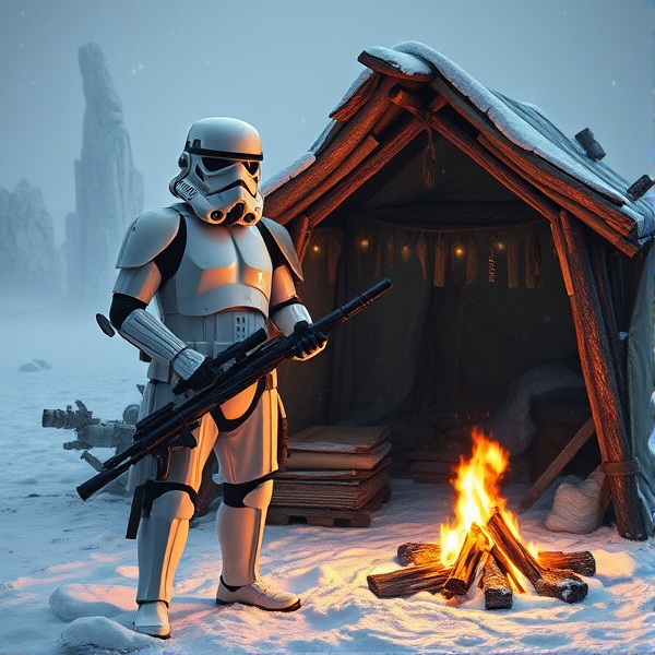 A storm trooper from Star Wars that was exiled to Hoth surviving on a small camp on a snowy planet alone, wearing tattered remnants of the once pristine white armor, standing wearily beside a makeshift shelter crafted from the wreckage of an imperial craft. A lonely fire burns with a weak flame against the backdrop of ice formations and swirling snowflakes isolation, while a modified blaster rifle leans within arm's reach, adapted for survival