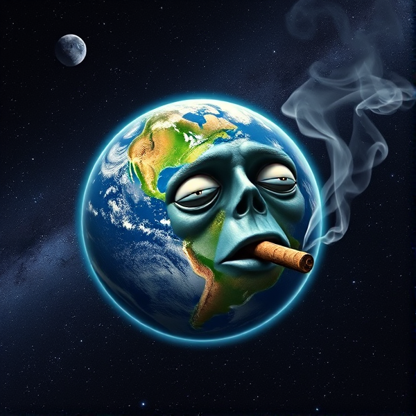 Planet Earth with a stoner face, exhaling smoke from a lit joint in its mouth, set against the backdrop of space