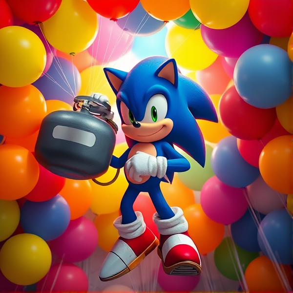 Sonic the Hedgehog in a dynamic pose, exuding confidence as he grips a large helium tank. The connected hose is filling an impressive collection of multicolored balloons, each precisely 16 inches wide, that form an exuberant halo encircling him. The scene is filled with about 450 balloons, each boasting its own distinct and vibrant hue.