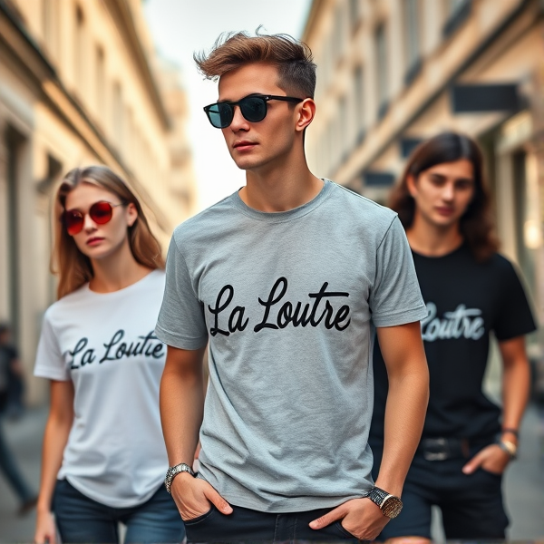 Créez un visuel attrayant pour un prospectus publicitaire mettant en vedette des t-shirts de la marque "La Loutre" avec un design moderne et élégant, une ecriture « La Loutre »,l ecriture doit etre de style fancy ou cool ou funky doit etre presente sur le tshirt assorti d'une mise en scène dynamique et stylisée qui évoque le confort et la qualité. Assurez-vous que les t-shirts soient présentés sur des modeles dans un contexte urbain branché et dans une position neutre  . Ajoutez également des éléments graphiques commes des effet de brillances