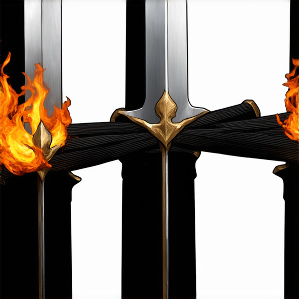 Trois épées croisées en leur centre. L'épée du milieu représentant le feu est placée verticalement. L'épée de gauche représente la terre de manière féminine, elle est placée avec un angle 315 degrés par rapport à l'épée verticale. L'épée de droite représente le vent de manière masculine et est placée 45 degrés de l'épée verticale. Les épées sont de style médiéval européen et ont leur pommeau vers le haut