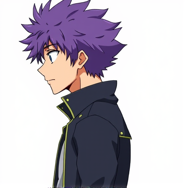My hero academia oc. Purple fluffy hair. Male. Side view. Full body view