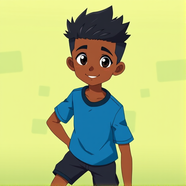 Jeune garçon noir de 19 ans avec des cheveux très court noir et possède une petite barbe habillé avec un t-shirt de foot bleu et un jogging noir en mode animé dans le style de Inazuma eleven