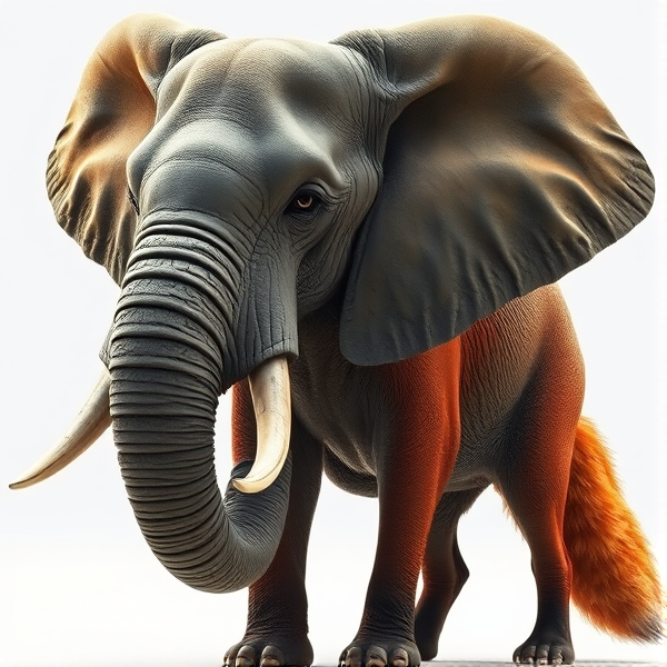 Majestic chimera with the head of an African elephant, featuring pronounced deep wrinkles and textured gray skin; its eyes are soulful and intelligent. This head seamlessly transitions into the body of a red fox, which is both muscular and poised. The creature's fur boasts vibrant reds with gleaming gold highlights. Aim for high-definition realism that underscores the mythical creature's wild elegance and alert stance, as if it’s ready to sprint at any moment