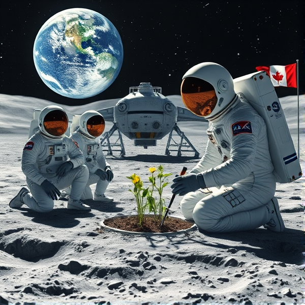 Trois astronautes en tenue spatiale de la NASA extrêmement détaillée, teintées de blanc perle et d'accents en acier chromé, portant des insignes reconnaissables et dotés d'éléments hautement réfléchissants, sont agenouillés sur le sol lunaire recouvert d'une poussière grise offrant une texture visuellement riche. À leurs côtés se trouve un extraterrestre géant bienveillant avec une peau iridescente qui reflète scintillement des étoiles. Un astronaute particulièrement minutieux est absorbé par la tâche de planter des graines de pavot dans un substrat enrichi à l'intérieur d'un biodôme lunaire transparent, qui contient un système hydroponique sophistiqué éclairé par une lumière imitant le spectre solaire pour favoriser la photosynthèse comme sur Terre. Le reflet du paysage lunaire se capture avec clarté dans le casque spacieux de cet astronaute tandis que ses gants dotés de capteurs tactiles manœuvrent habilement divers outils spécialisés. En arrière-plan, un module d'atterrissage au design futuriste arbore fièrement l'emblème du Québec. Au-dessus, la Terre suspendue offre une vue époustouflante aux couleurs vraies et naturelles. Sur le site sont parsemés divers instruments scientifiques à la précision pointue : capteurs environnementaux, moniteurs de croissance végétale intégrant de l'intelligence artificielle et panneaux solaires flexibles. Un fanion aux couleurs du Manchester City Football Club est positionné non loin du module habitable symbolisant le lien entre sciences spatiales et sport. Le relief lunaire est marqué par des cratères bien définis et des monticules réalistes qui tranchent avec les interventions humaines sur ce paysage extra-terrestre. La scène baigne sous une lumière douce et diffuse provenant du ciel nocturne constellé d'étoiles alignées selon des constellations exactes, dans un ciel se dégradant du noir profond à un bleu outremer intense, avec en plus un drapeau acadien visible près du biodôme.vaisseai extraterrestre
