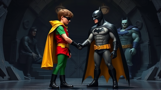 Movie Scene: A medium, preteen 12-year old boy with light skin and dark brown hair named Connor Bardley, but dressed as Robin, The Boy Wonder, with an extremely muscular body, a sleek green suit with a red torso with a black circle with a yellow R symbol on his left pectoral, a gold utility belt, black boots, black long-cuffed gloves, a big, heel-length, ultra-wide collared cape that's black on the outside and yellow on the inside, and a black eye mask, standing in the Bat Cave, where he meets Batman for the first time, where they shake hands to officially mark their team-up and bond their friendship as the legendary Caped Crusaders.
