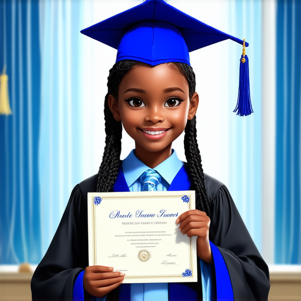 jeune fille noire de huit ans avec des tresses africaines traditionnelles, habillée élégamment pour une cérémonie de remise de diplôme, tenant son certificat, souriante et fière